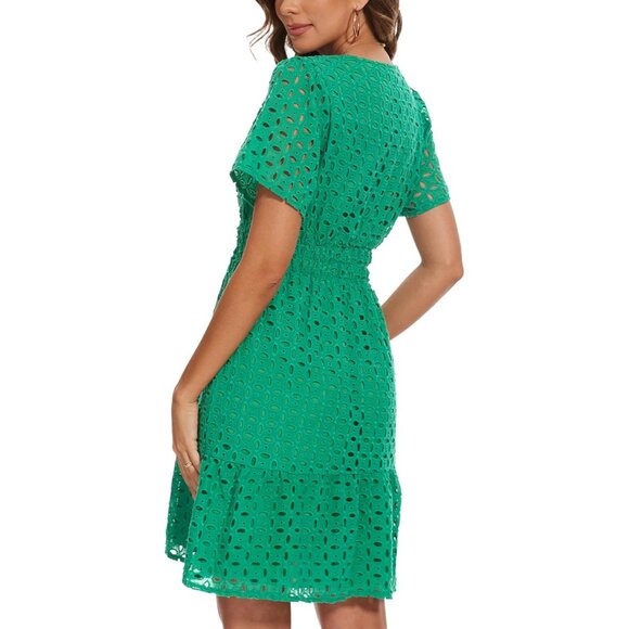 Women Summer Eyelet Lace Mini Dress V Neck Hollow Out Casual A Line - Picture 5 of 5